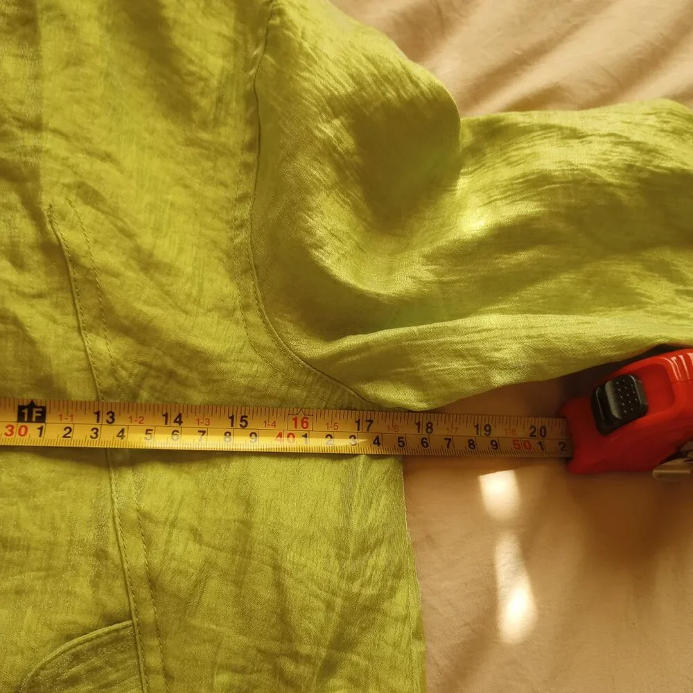 90s Lime Green Boho Whimsygoth Crinkle Jacket Rayon Blend Button Front Linear - Picture 4 of 7